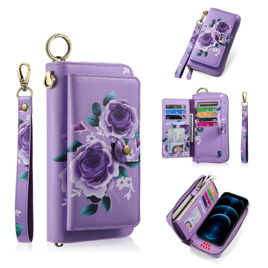 For iPhone 12 / 12 Pro POLA MagSafe Flower Multi-functional Zipper Wallet Leather Phone Case(Purple) - iPhone 12 / 12 Pro Cases by buy2fix | Online Shopping UK | buy2fix