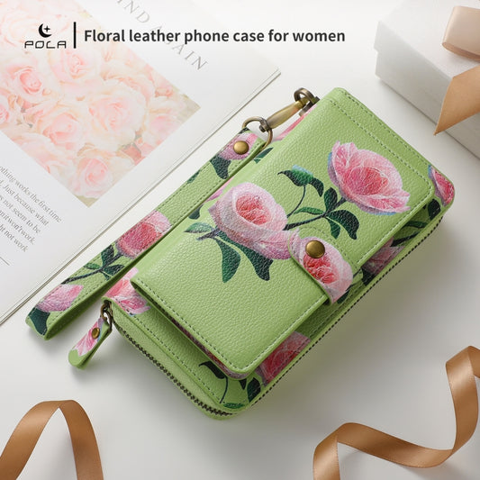 For iPhone 12 Pro Max POLA MagSafe Flower Multi-functional Zipper Wallet Leather Phone Case(Green) - iPhone 12 Pro Max Cases by buy2fix | Online Shopping UK | buy2fix