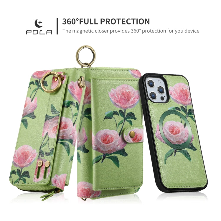 For iPhone 12 Pro Max POLA MagSafe Flower Multi-functional Zipper Wallet Leather Phone Case(Green) - iPhone 12 Pro Max Cases by buy2fix | Online Shopping UK | buy2fix