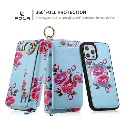 For iPhone 12 Pro Max POLA MagSafe Flower Multi-functional Zipper Wallet Leather Phone Case(Sky Blue) - iPhone 12 Pro Max Cases by buy2fix | Online Shopping UK | buy2fix
