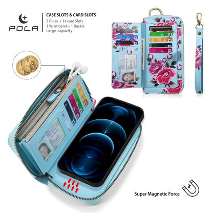 For iPhone 12 Pro Max POLA MagSafe Flower Multi-functional Zipper Wallet Leather Phone Case(Sky Blue) - iPhone 12 Pro Max Cases by buy2fix | Online Shopping UK | buy2fix