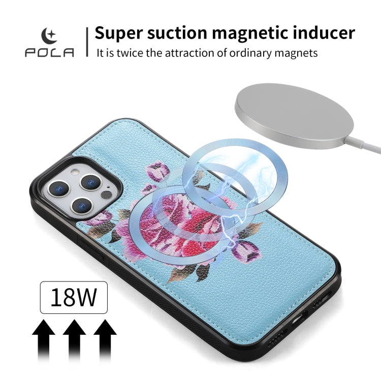 For iPhone 12 Pro Max POLA MagSafe Flower Multi-functional Zipper Wallet Leather Phone Case(Sky Blue) - iPhone 12 Pro Max Cases by buy2fix | Online Shopping UK | buy2fix