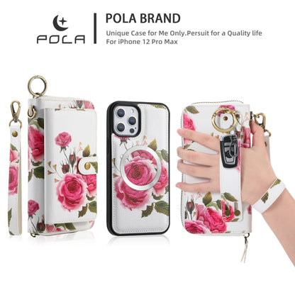 For iPhone 12 Pro Max POLA MagSafe Flower Multi-functional Zipper Wallet Leather Phone Case(Beige) - iPhone 12 Pro Max Cases by buy2fix | Online Shopping UK | buy2fix