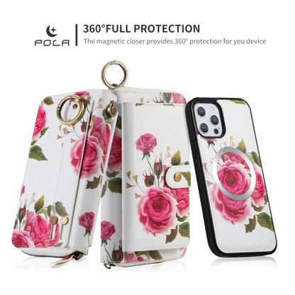 For iPhone 12 Pro Max POLA MagSafe Flower Multi-functional Zipper Wallet Leather Phone Case(Beige) - iPhone 12 Pro Max Cases by buy2fix | Online Shopping UK | buy2fix