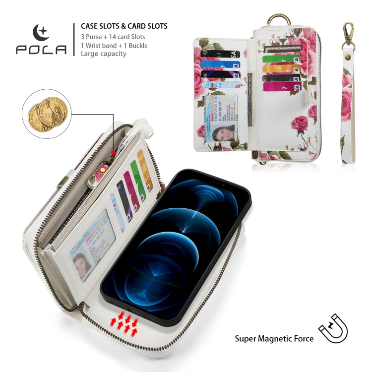 For iPhone 12 Pro Max POLA MagSafe Flower Multi-functional Zipper Wallet Leather Phone Case(Beige) - iPhone 12 Pro Max Cases by buy2fix | Online Shopping UK | buy2fix