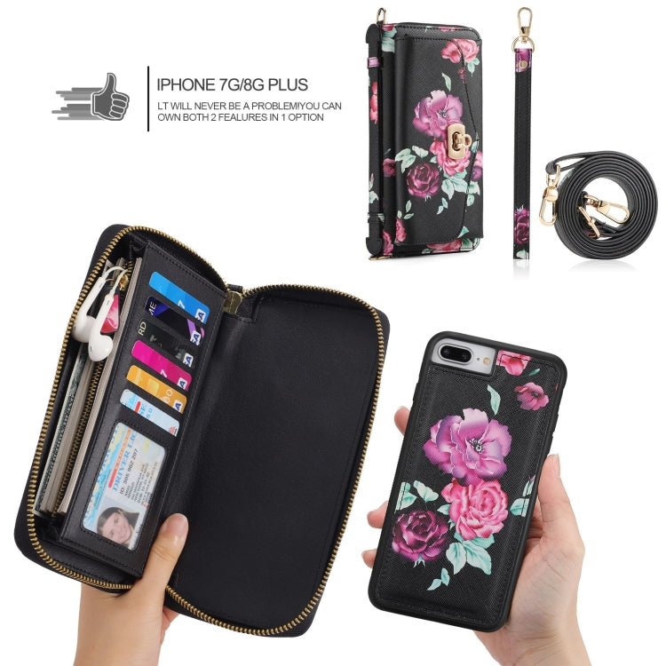 For iPhone 7 / 8 / SE 2022 POLA Flower Multi-functional Crossbody Zipper Wallet Leather Phone Case(Black) - iPhone SE 2022 / 2020 / 8 / 7 Cases by buy2fix | Online Shopping UK | buy2fix