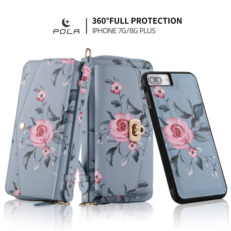 For iPhone 7 / 8 / SE 2022 POLA Flower Multi-functional Crossbody Zipper Wallet Leather Phone Case(Blue) - iPhone SE 2022 / 2020 / 8 / 7 Cases by buy2fix | Online Shopping UK | buy2fix