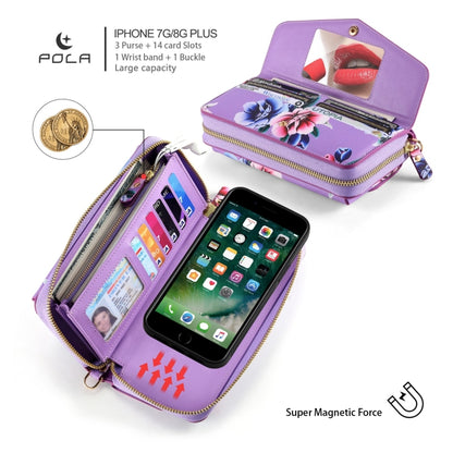 For iPhone 7 / 8 / SE 2022 POLA Flower Multi-functional Crossbody Zipper Wallet Leather Phone Case(Purple) - iPhone SE 2022 / 2020 / 8 / 7 Cases by buy2fix | Online Shopping UK | buy2fix