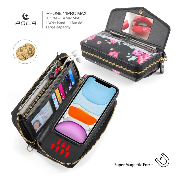 For iPhone 11 Pro Max POLA Flower Multi-functional Crossbody Zipper Wallet Leather Phone Case(Black) - iPhone 11 Pro Max Cases by buy2fix | Online Shopping UK | buy2fix