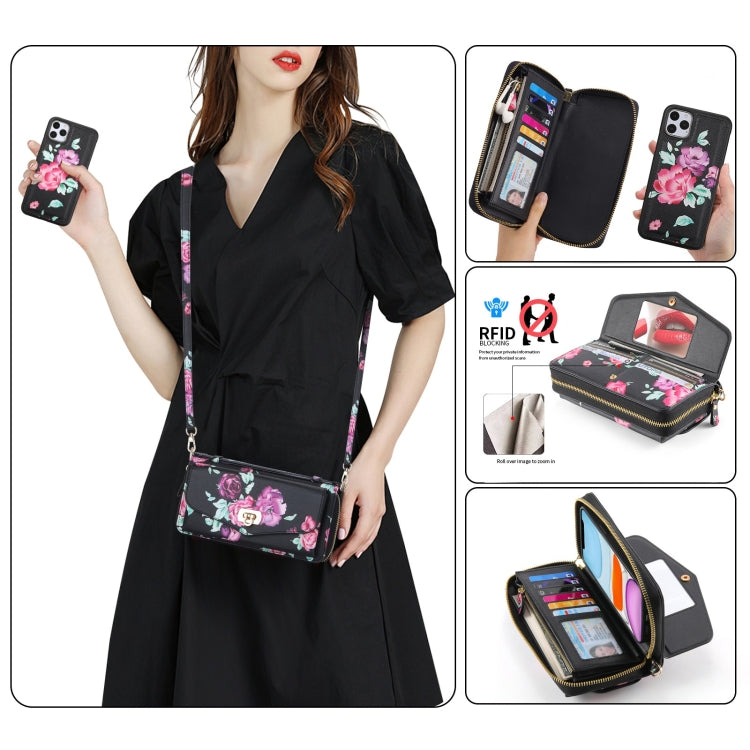 For iPhone 11 Pro Max POLA Flower Multi-functional Crossbody Zipper Wallet Leather Phone Case(Black) - iPhone 11 Pro Max Cases by buy2fix | Online Shopping UK | buy2fix