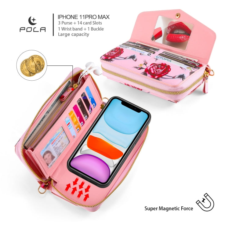 For iPhone 11 Pro Max POLA Flower Multi-functional Crossbody Zipper Wallet Leather Phone Case(Pink) - iPhone 11 Pro Max Cases by buy2fix | Online Shopping UK | buy2fix