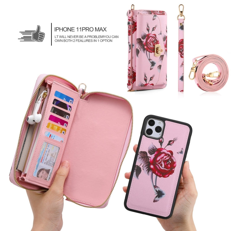 For iPhone 11 Pro Max POLA Flower Multi-functional Crossbody Zipper Wallet Leather Phone Case(Pink) - iPhone 11 Pro Max Cases by buy2fix | Online Shopping UK | buy2fix