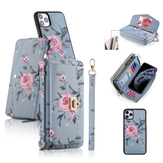 For iPhone 11 Pro Max POLA Flower Multi-functional Crossbody Zipper Wallet Leather Phone Case(Blue) - iPhone 11 Pro Max Cases by buy2fix | Online Shopping UK | buy2fix