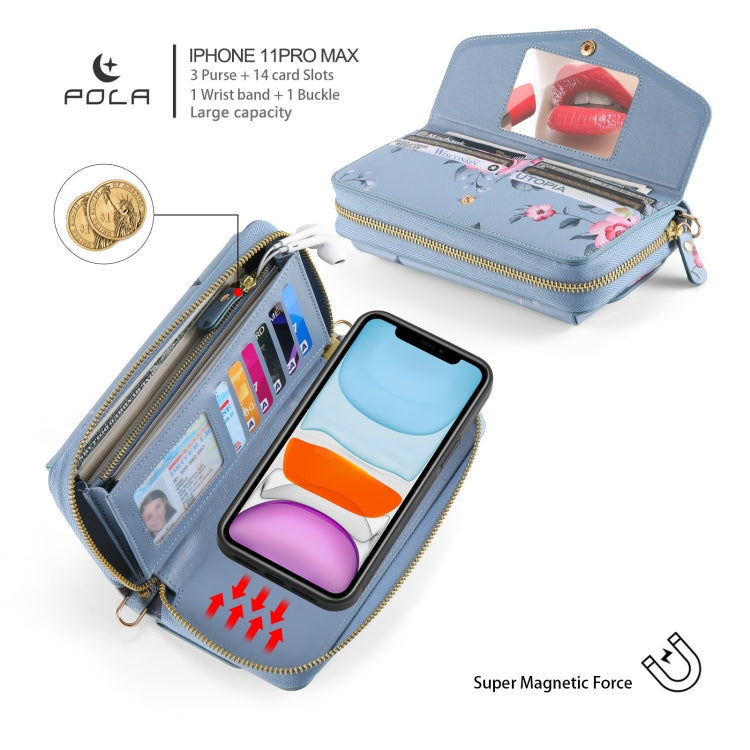 For iPhone 11 Pro Max POLA Flower Multi-functional Crossbody Zipper Wallet Leather Phone Case(Blue) - iPhone 11 Pro Max Cases by buy2fix | Online Shopping UK | buy2fix