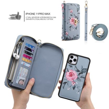 For iPhone 11 Pro Max POLA Flower Multi-functional Crossbody Zipper Wallet Leather Phone Case(Blue) - iPhone 11 Pro Max Cases by buy2fix | Online Shopping UK | buy2fix
