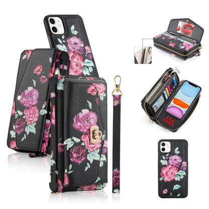 For iPhone 11 POLA Flower Multi-functional Crossbody Zipper Wallet Leather Phone Case(Black) - iPhone 11 Cases by buy2fix | Online Shopping UK | buy2fix