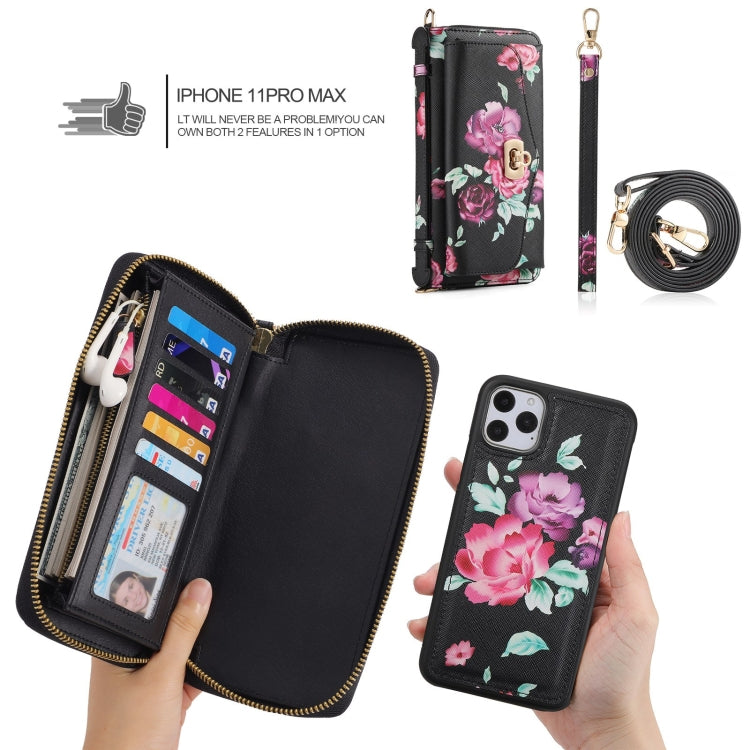 For iPhone 11 POLA Flower Multi-functional Crossbody Zipper Wallet Leather Phone Case(Black) - iPhone 11 Cases by buy2fix | Online Shopping UK | buy2fix