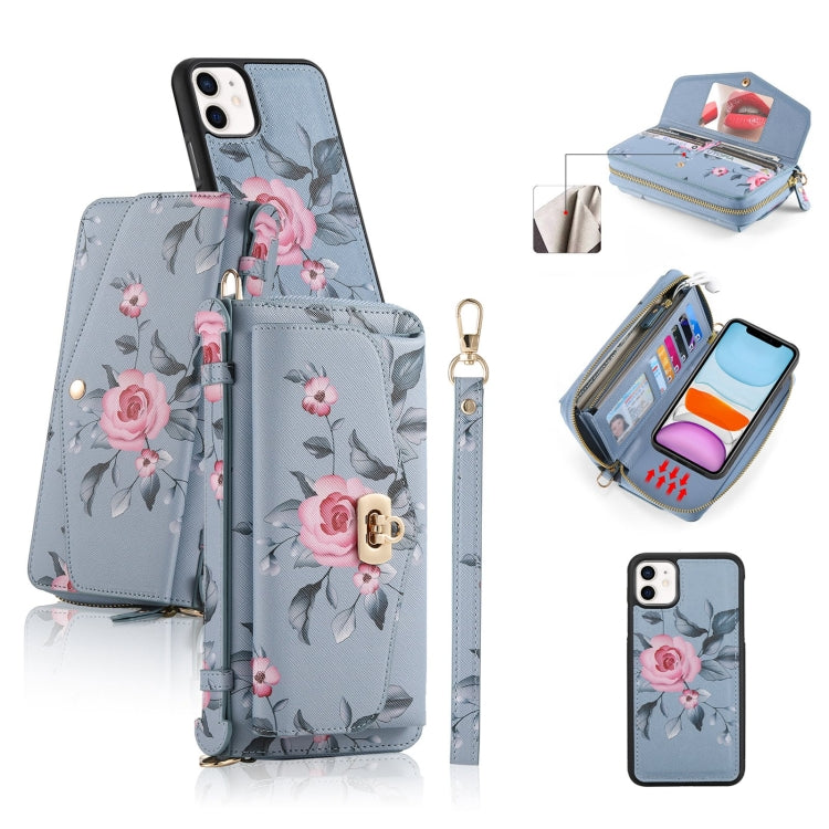 For iPhone 11 POLA Flower Multi-functional Crossbody Zipper Wallet Leather Phone Case(Blue) - iPhone 11 Cases by buy2fix | Online Shopping UK | buy2fix