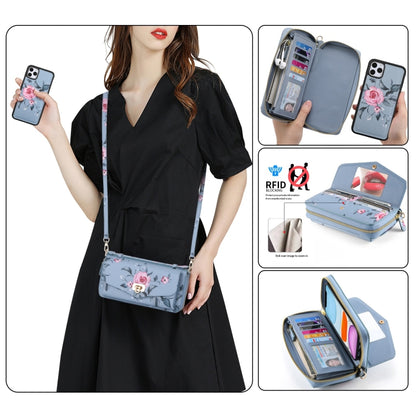 For iPhone 11 POLA Flower Multi-functional Crossbody Zipper Wallet Leather Phone Case(Blue) - iPhone 11 Cases by buy2fix | Online Shopping UK | buy2fix