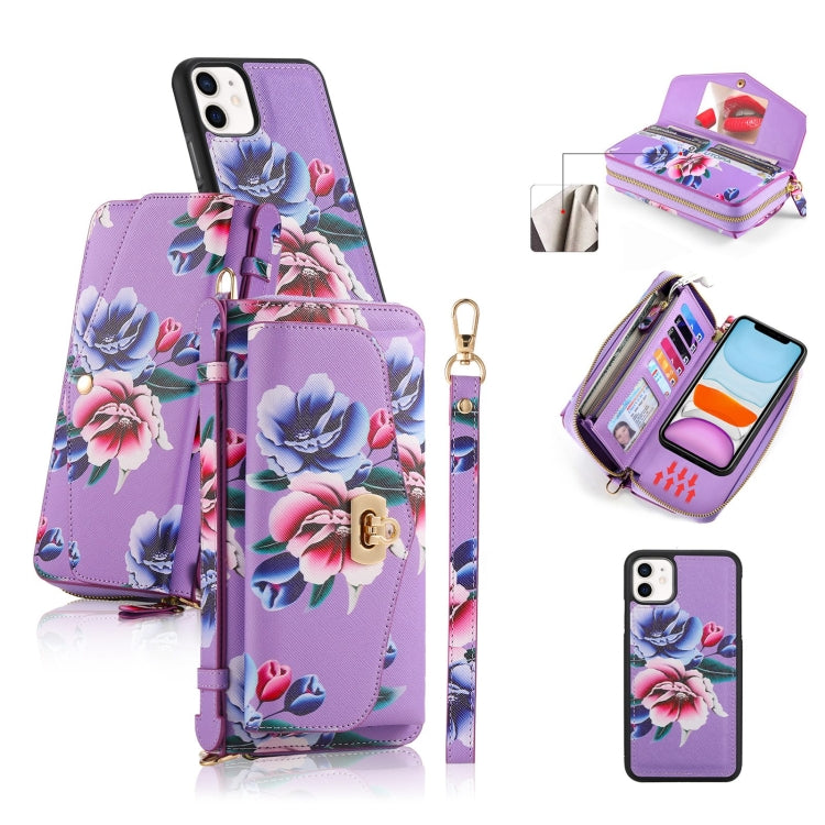 For iPhone 11 POLA Flower Multi-functional Crossbody Zipper Wallet Leather Phone Case(Purple) - iPhone 11 Cases by buy2fix | Online Shopping UK | buy2fix