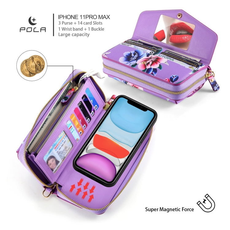 For iPhone 11 POLA Flower Multi-functional Crossbody Zipper Wallet Leather Phone Case(Purple) - iPhone 11 Cases by buy2fix | Online Shopping UK | buy2fix