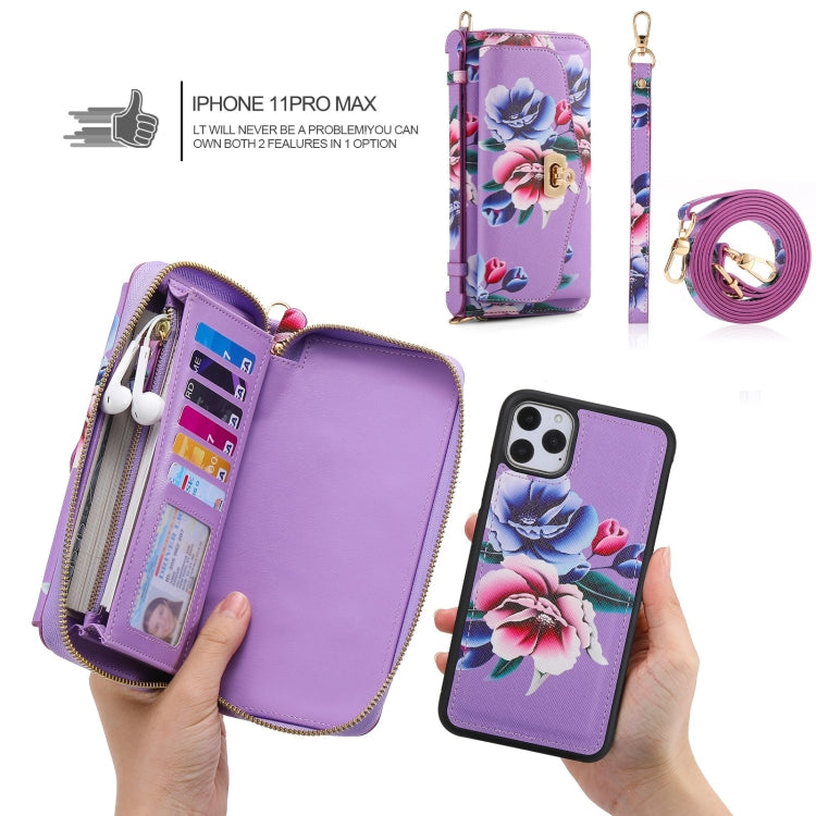 For iPhone 11 POLA Flower Multi-functional Crossbody Zipper Wallet Leather Phone Case(Purple) - iPhone 11 Cases by buy2fix | Online Shopping UK | buy2fix
