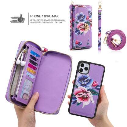For iPhone 11 POLA Flower Multi-functional Crossbody Zipper Wallet Leather Phone Case(Purple) - iPhone 11 Cases by buy2fix | Online Shopping UK | buy2fix