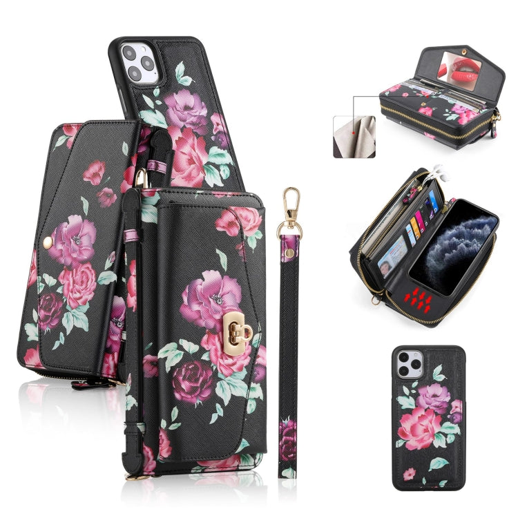 For iPhone 11 Pro POLA Flower Multi-functional Crossbody Zipper Wallet Leather Phone Case(Black) - iPhone 11 Pro Cases by buy2fix | Online Shopping UK | buy2fix