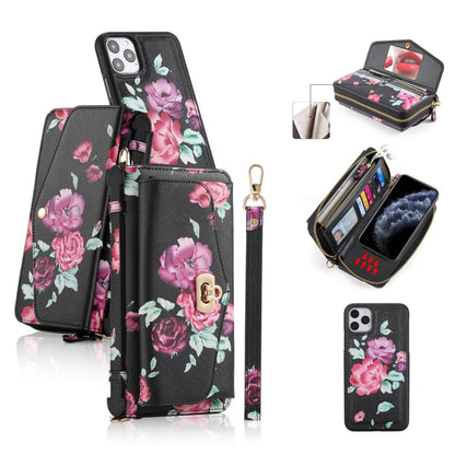 For iPhone 11 Pro POLA Flower Multi-functional Crossbody Zipper Wallet Leather Phone Case(Black) - iPhone 11 Pro Cases by buy2fix | Online Shopping UK | buy2fix