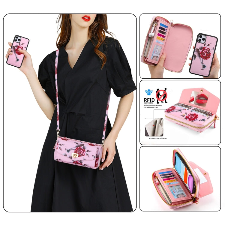 For iPhone 11 Pro POLA Flower Multi-functional Crossbody Zipper Wallet Leather Phone Case(Pink) - iPhone 11 Pro Cases by buy2fix | Online Shopping UK | buy2fix