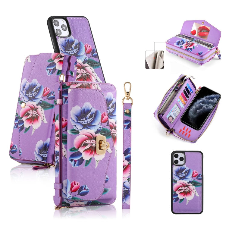 For iPhone 11 Pro POLA Flower Multi-functional Crossbody Zipper Wallet Leather Phone Case(Purple) - iPhone 11 Pro Cases by buy2fix | Online Shopping UK | buy2fix