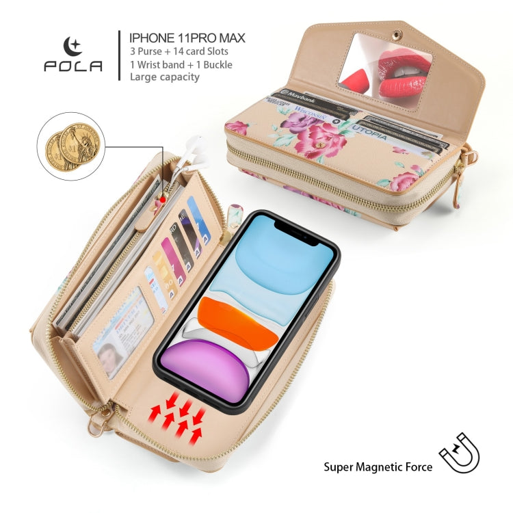 For iPhone 11 Pro POLA Flower Multi-functional Crossbody Zipper Wallet Leather Phone Case(Yellow) - iPhone 11 Pro Cases by buy2fix | Online Shopping UK | buy2fix