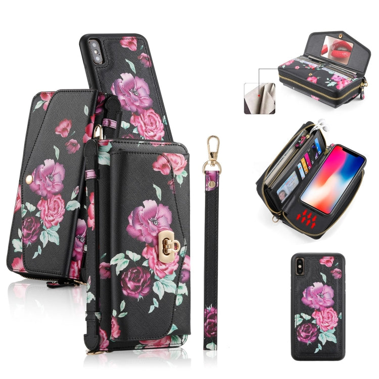 For iPhone X / XS POLA Flower Multi-functional Crossbody Zipper Wallet Leather Phone Case(Black) - More iPhone Cases by buy2fix | Online Shopping UK | buy2fix