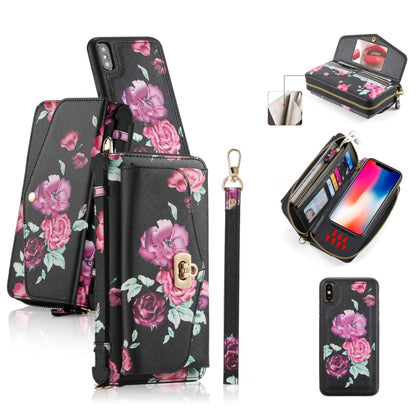 For iPhone X / XS POLA Flower Multi-functional Crossbody Zipper Wallet Leather Phone Case(Black) - More iPhone Cases by buy2fix | Online Shopping UK | buy2fix