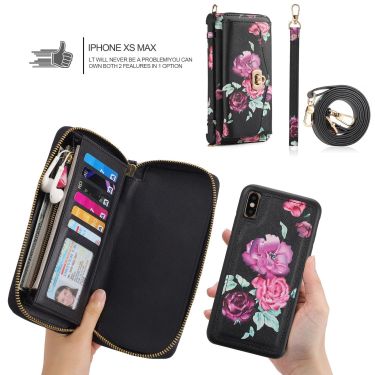 For iPhone X / XS POLA Flower Multi-functional Crossbody Zipper Wallet Leather Phone Case(Black) - More iPhone Cases by buy2fix | Online Shopping UK | buy2fix
