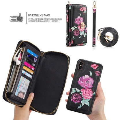 For iPhone X / XS POLA Flower Multi-functional Crossbody Zipper Wallet Leather Phone Case(Black) - More iPhone Cases by buy2fix | Online Shopping UK | buy2fix