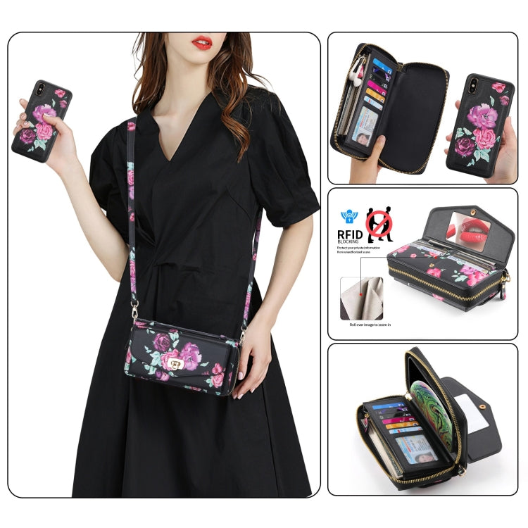 For iPhone X / XS POLA Flower Multi-functional Crossbody Zipper Wallet Leather Phone Case(Black) - More iPhone Cases by buy2fix | Online Shopping UK | buy2fix