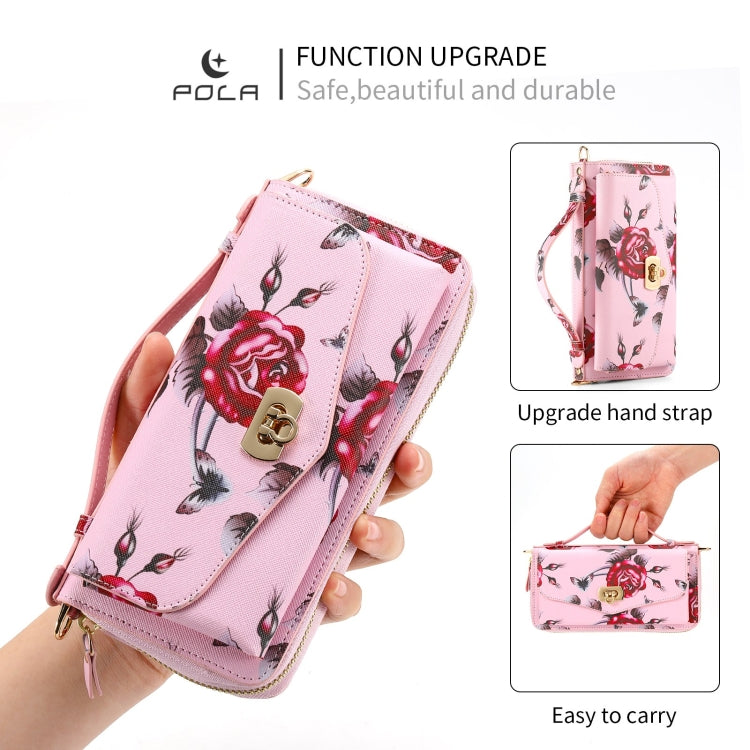 For iPhone X / XS POLA Flower Multi-functional Crossbody Zipper Wallet Leather Phone Case(Pink) - More iPhone Cases by buy2fix | Online Shopping UK | buy2fix
