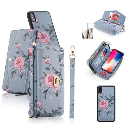 For iPhone X / XS POLA Flower Multi-functional Crossbody Zipper Wallet Leather Phone Case(Blue) - More iPhone Cases by buy2fix | Online Shopping UK | buy2fix