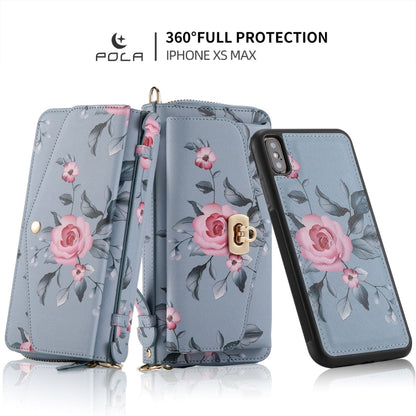 For iPhone X / XS POLA Flower Multi-functional Crossbody Zipper Wallet Leather Phone Case(Blue) - More iPhone Cases by buy2fix | Online Shopping UK | buy2fix