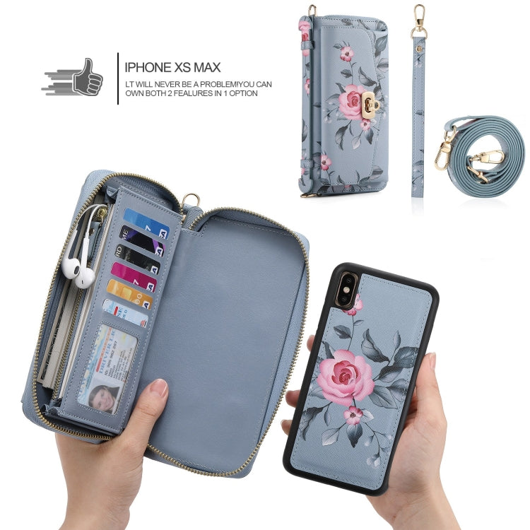 For iPhone X / XS POLA Flower Multi-functional Crossbody Zipper Wallet Leather Phone Case(Blue) - More iPhone Cases by buy2fix | Online Shopping UK | buy2fix