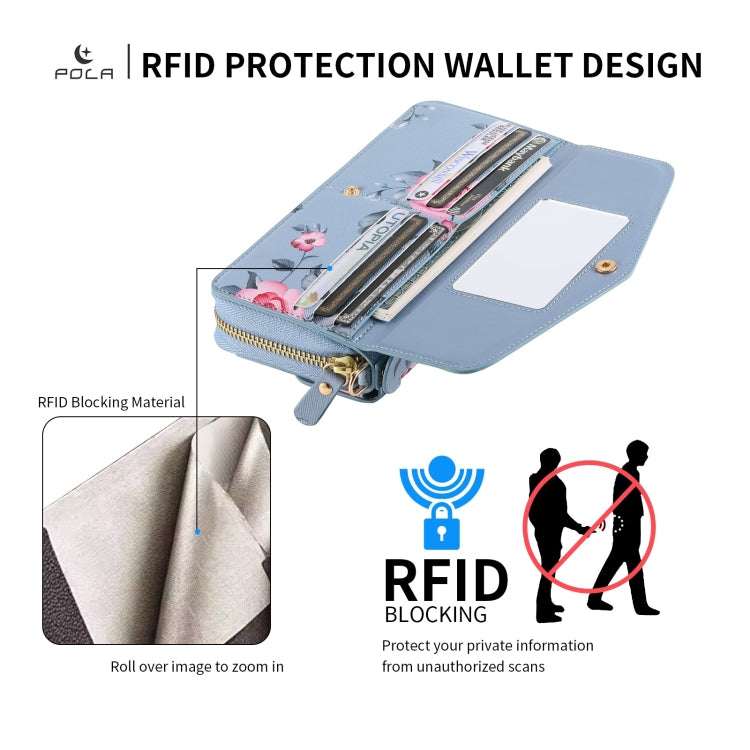 For iPhone X / XS POLA Flower Multi-functional Crossbody Zipper Wallet Leather Phone Case(Blue) - More iPhone Cases by buy2fix | Online Shopping UK | buy2fix