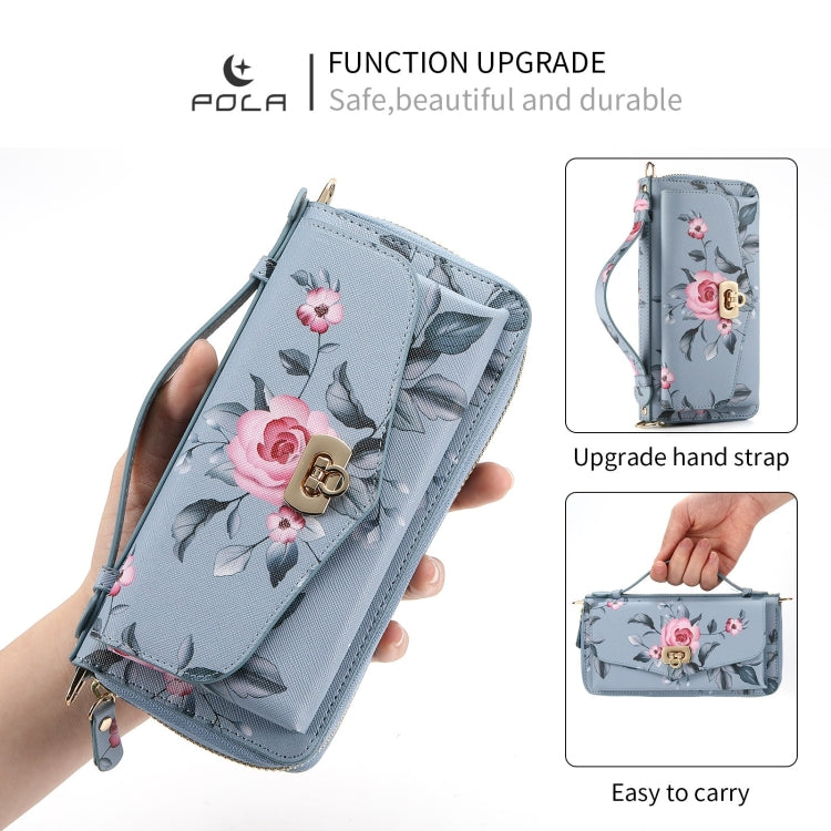 For iPhone X / XS POLA Flower Multi-functional Crossbody Zipper Wallet Leather Phone Case(Blue) - More iPhone Cases by buy2fix | Online Shopping UK | buy2fix