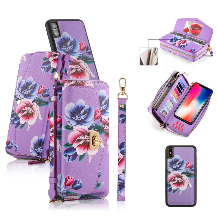 For iPhone X / XS POLA Flower Multi-functional Crossbody Zipper Wallet Leather Phone Case(Purple) - More iPhone Cases by buy2fix | Online Shopping UK | buy2fix