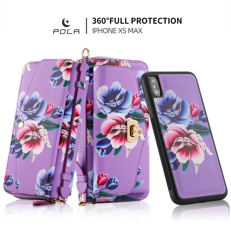 For iPhone X / XS POLA Flower Multi-functional Crossbody Zipper Wallet Leather Phone Case(Purple) - More iPhone Cases by buy2fix | Online Shopping UK | buy2fix