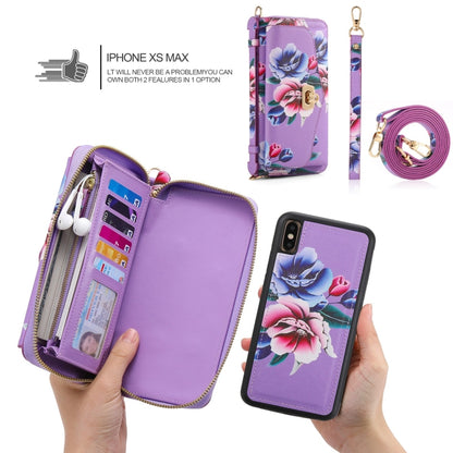 For iPhone X / XS POLA Flower Multi-functional Crossbody Zipper Wallet Leather Phone Case(Purple) - More iPhone Cases by buy2fix | Online Shopping UK | buy2fix