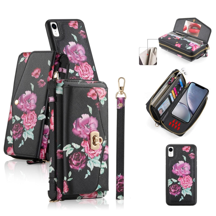 For iPhone XR POLA Flower Multi-functional Crossbody Zipper Wallet Leather Phone Case(Black) - More iPhone Cases by buy2fix | Online Shopping UK | buy2fix