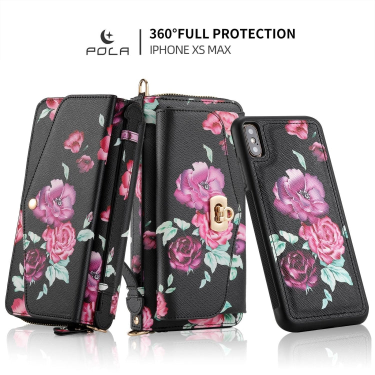 For iPhone XR POLA Flower Multi-functional Crossbody Zipper Wallet Leather Phone Case(Black) - More iPhone Cases by buy2fix | Online Shopping UK | buy2fix