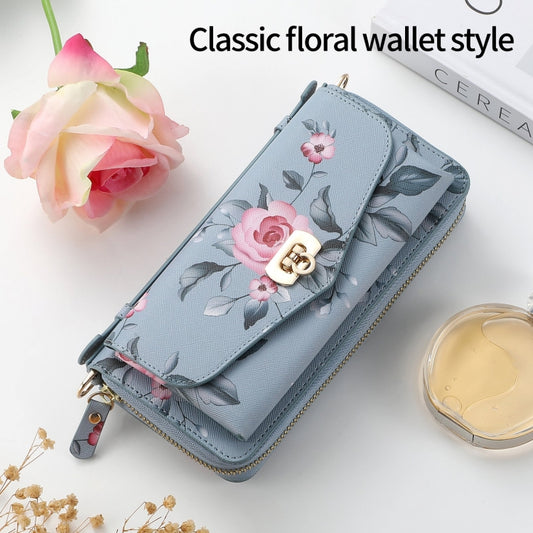 For iPhone XR POLA Flower Multi-functional Crossbody Zipper Wallet Leather Phone Case(Blue) - More iPhone Cases by buy2fix | Online Shopping UK | buy2fix