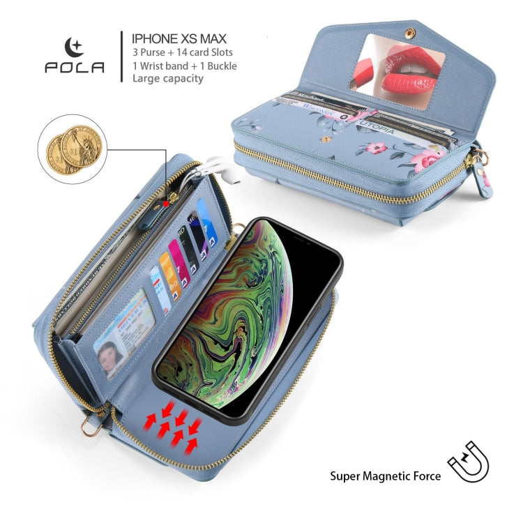 For iPhone XR POLA Flower Multi-functional Crossbody Zipper Wallet Leather Phone Case(Blue) - More iPhone Cases by buy2fix | Online Shopping UK | buy2fix